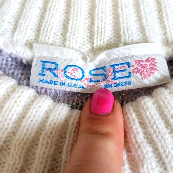 Vintage 1980s Rose Cats Fairy Kei Kawaii Pastel Sweater Sparkle Thread large - Picture 4 of 10